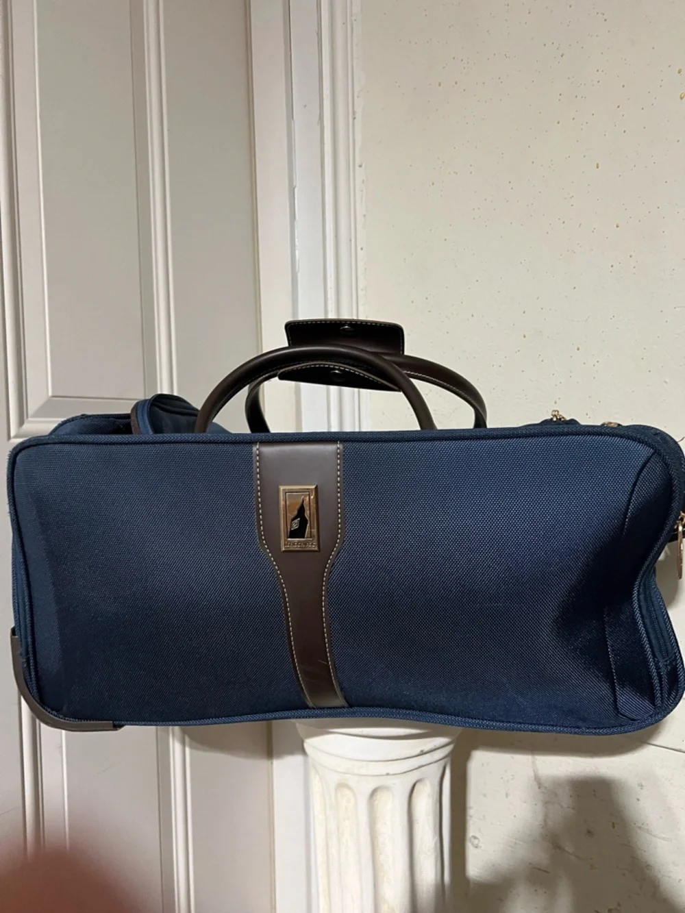 London Fog Navy Duffel Bag with Brown Trim